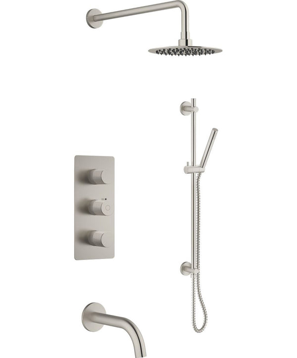 Ensemble de douche/baignoire thermostatique en nickel brossé comprenant une pomme de douche, une douchette sur rail, une valve et un bec