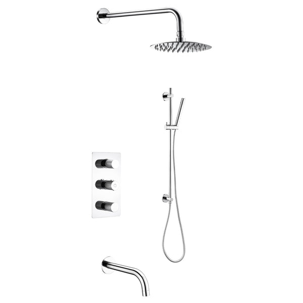 Ensemble de douche/baignoire thermostatique en chrome comprenant une pomme de douche, une douchette sur rail, une valve et un bec