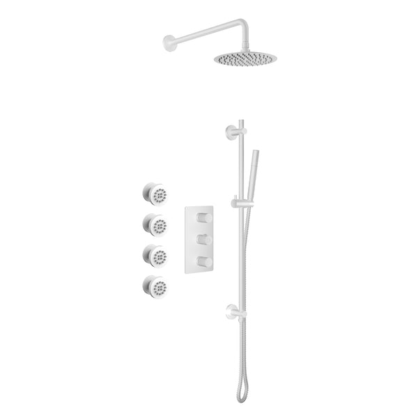 Ensemble de douche thermostatique comprenant un pommeau de douche, une douchette sur rail et une vanne en blanc mat